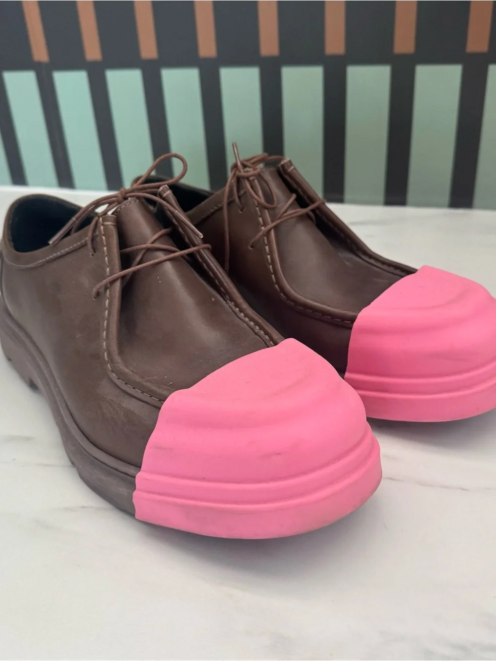 Camper Junction Brown Leather Shoes w/ Pink Removable Rubber Cap Toe – Size 10.5